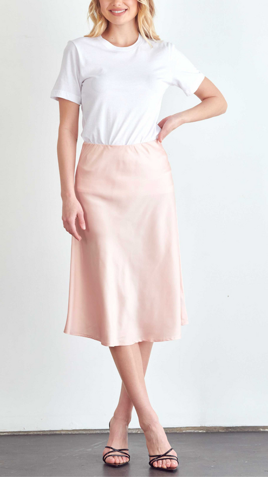 satin elastic waistband blush midi skirt