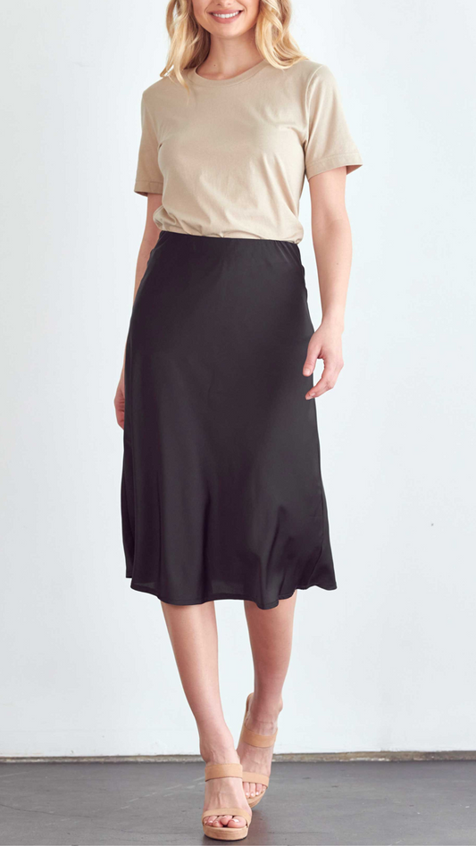 satin elastic waistband black midi skirt