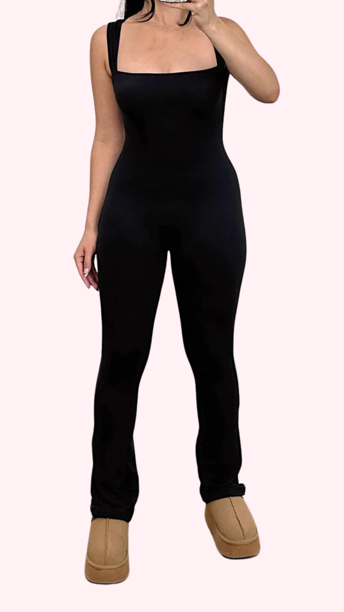BLACK Sleeveless Jumpsuit Square Neckline Slip On/No Zipper Double Layered