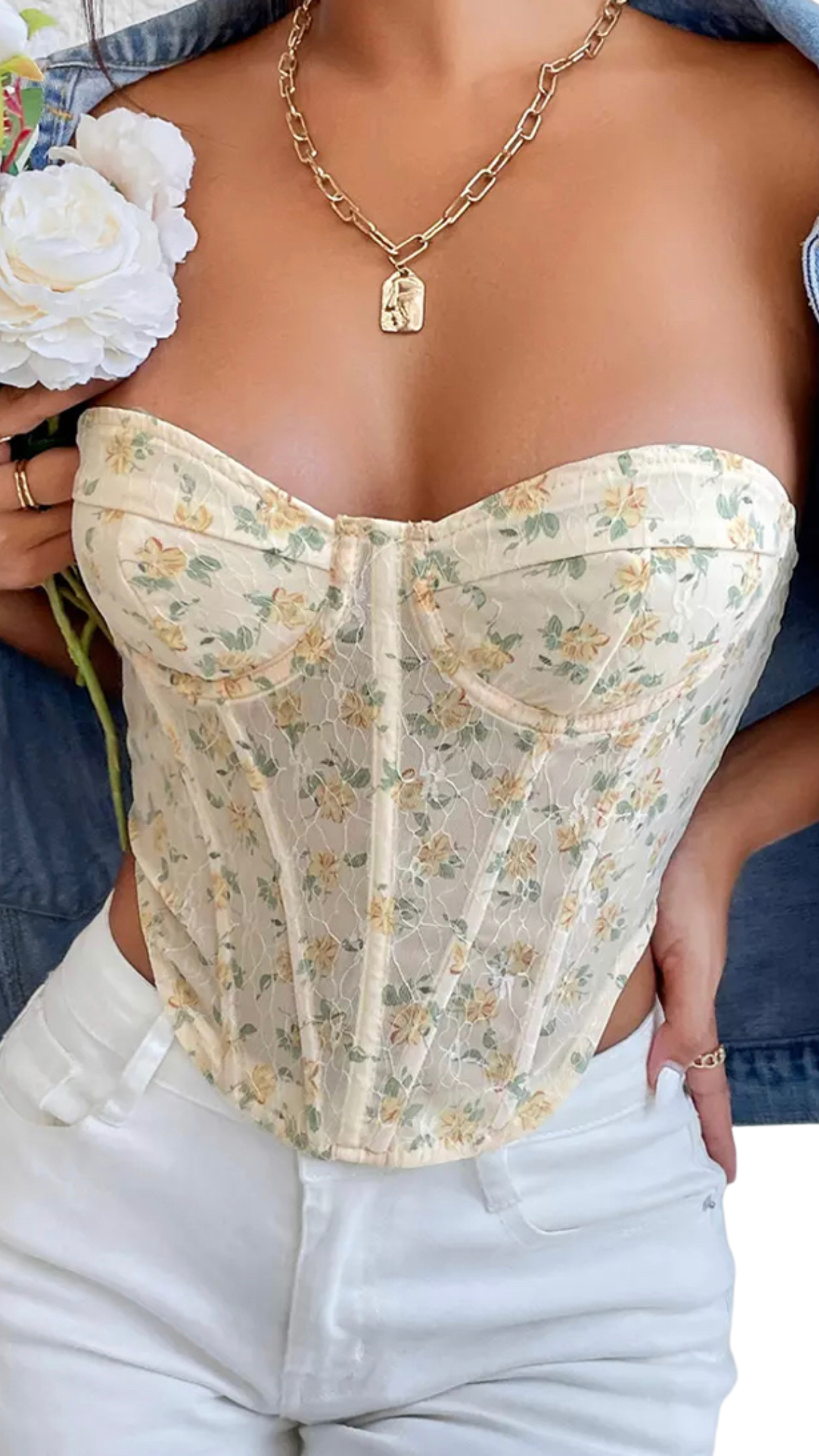 yellow and sage green ditsy floral trendy corset crop top