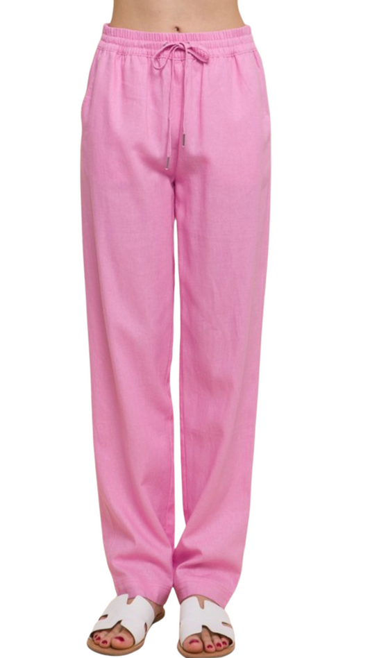 hot pink adjustable waistline linen pants