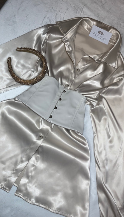 satin corset belt white collared shirt dress mini dress